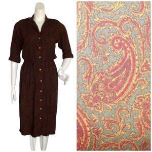 MINDY MALONE Shirt Dress, XS, Paisley,  70s Vintage, Mid-sleeve, Epaulettes